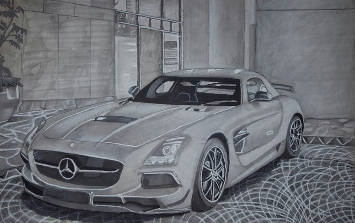 Drawing titled "Mercedes-Benz SLS A…" by Exotic Drawings, Original Artwork, Marker
