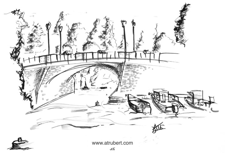 Drawing titled "Paysage port de Suc…" by A.T.6 Alexandre Trubert, Original Artwork, Ballpoint pen