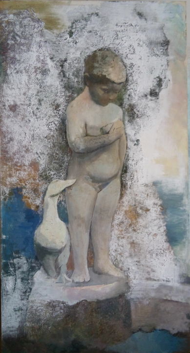 Painting titled "boy with the gosling" by Anna Zavilenskaia, Original Artwork, Oil