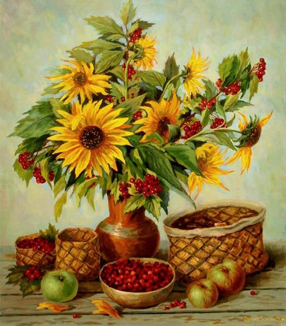 Painting titled "Sunflowers and cran…" by Arkady Zrazhevsky, Original Artwork, Oil