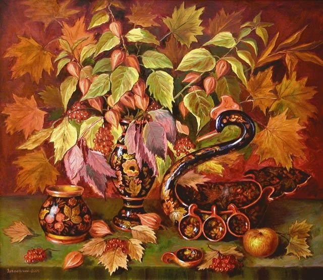 Pittura intitolato "Autumn leaves and H…" da Arkady Zrazhevsky, Opera d'arte originale, Olio