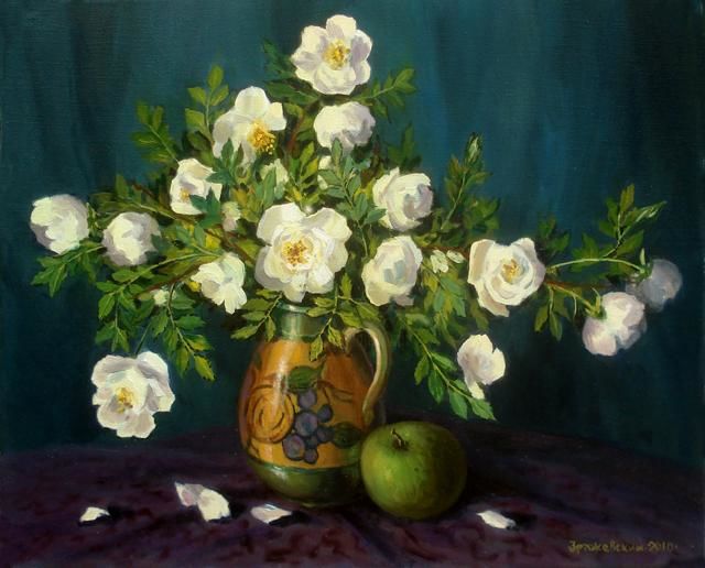 Painting titled "White park roses" by Arkady Zrazhevsky, Original Artwork, Oil