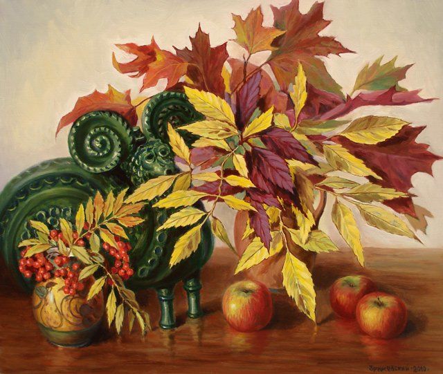 Картина под названием "Autumn leaves and t…" - Arkady Zrazhevsky, Подлинное произведение искусства, Масло