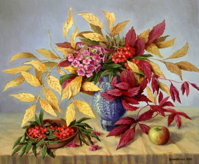 Картина под названием "Autumn leaves and b…" - Arkady Zrazhevsky, Подлинное произведение искусства