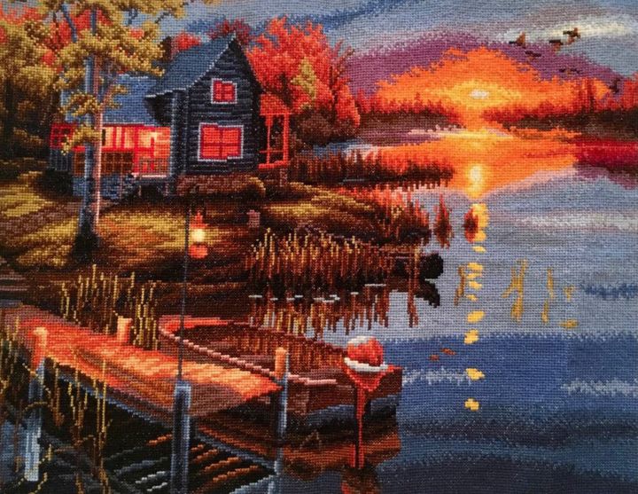 Textile Art titled "lake house" by Arslan Abdullaev, Original Artwork, Embroidery