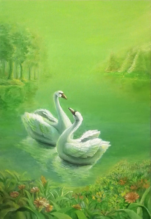 Painting titled "天鹅" by Yu Zhu, Original Artwork