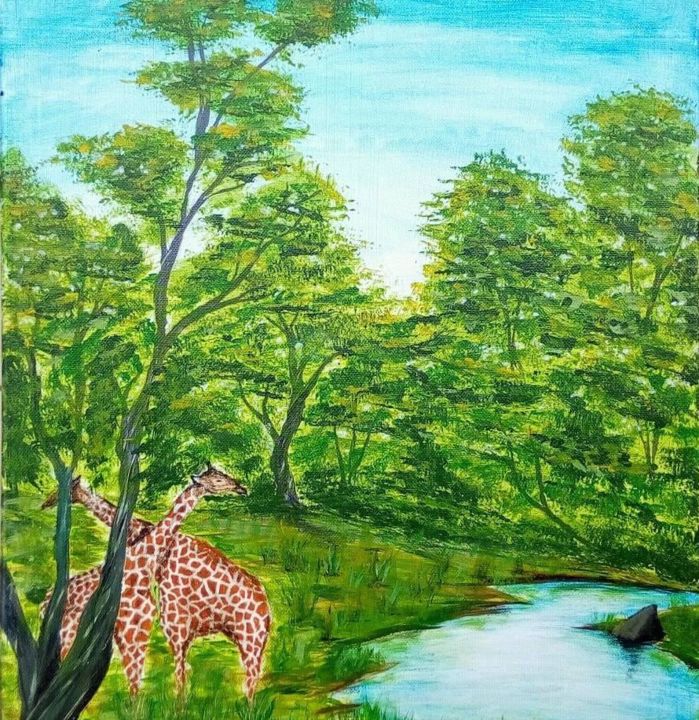 Painting titled "Giraffes" by Arsene, Original Artwork, Acrylic
