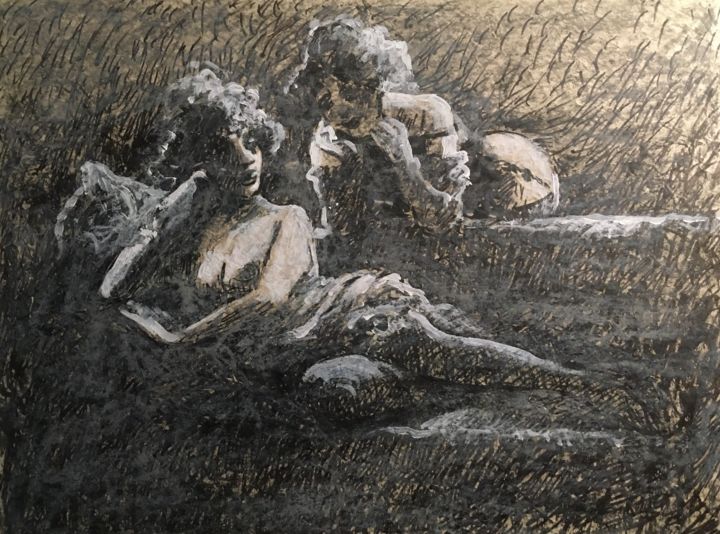 Zeichnungen mit dem Titel "Conversation" von Alain Godefroid, Original-Kunstwerk, Tinte