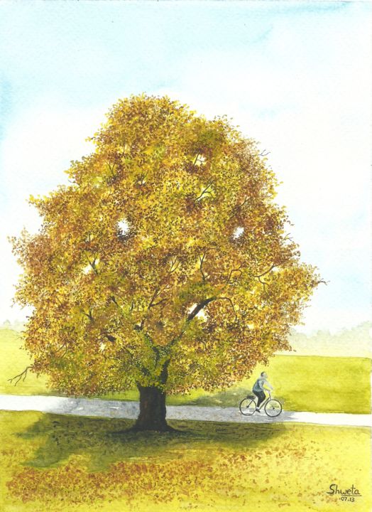 Painting titled "Cycling in the coun…" by Shweta Mahajan, Original Artwork, Watercolor
