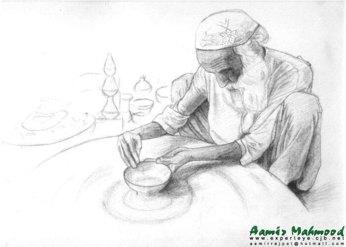 Drawing titled "Potter" by Aamir Mahmood, Original Artwork