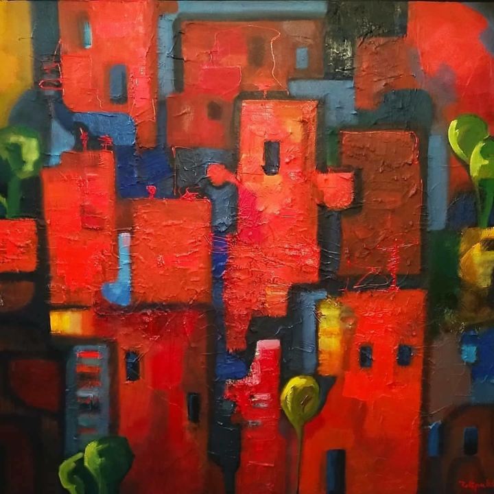 Malerei mit dem Titel "Red Town" von Nerseh Khalatyan, Original-Kunstwerk, Öl Auf Keilrahmen aus Holz montiert