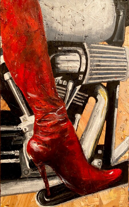 Painting titled "Red Boots Motorcycl…" by Larry Aarons, Original Artwork, Oil Mounted on Wood Panel