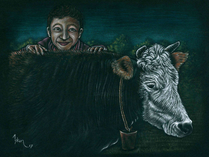 "Boy and cow" başlıklı Resim Askin Ayrancioglu tarafından, Orijinal sanat, Kalem
