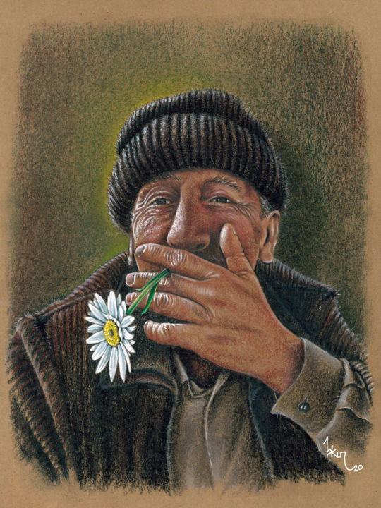 Zeichnungen mit dem Titel "Man with daisies" von Askin Ayrancioglu, Original-Kunstwerk, Pastell