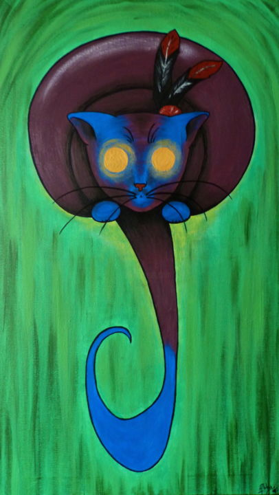 Peinture intitulée ""Chat perché"" par Abby Yatta, Œuvre d'art originale, Acrylique