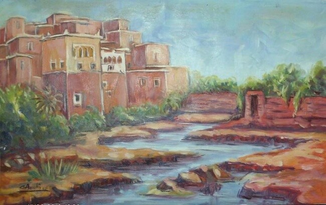 Painting titled "village" by Abdelhadi Chaouki, Original Artwork
