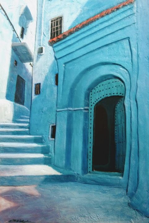 Peinture intitulée "ruelle-de-chefchaou…" par Abdeljalil Elblidi, Œuvre d'art originale,