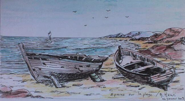 Peinture intitulée "Epaves sur  la plage" par Abdelkrim Hamri, Œuvre d'art originale