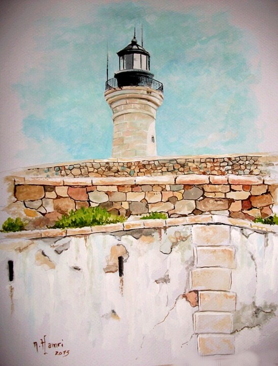 Painting titled "Le phare de Cherche…" by Abdelkrim Hamri, Original Artwork, Watercolor