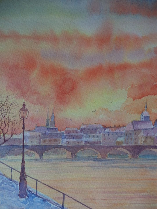 Peinture intitulée "Crépuscule à Bâle (…" par Abdellatif Zeraidi Bd Lltyf Lzrydy, Œuvre d'art originale, Aquarelle