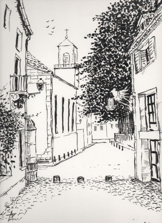 Drawing titled "rue des franciscain…" by Abdellatif Zeraidi Bd Lltyf Lzrydy, Original Artwork, Ink