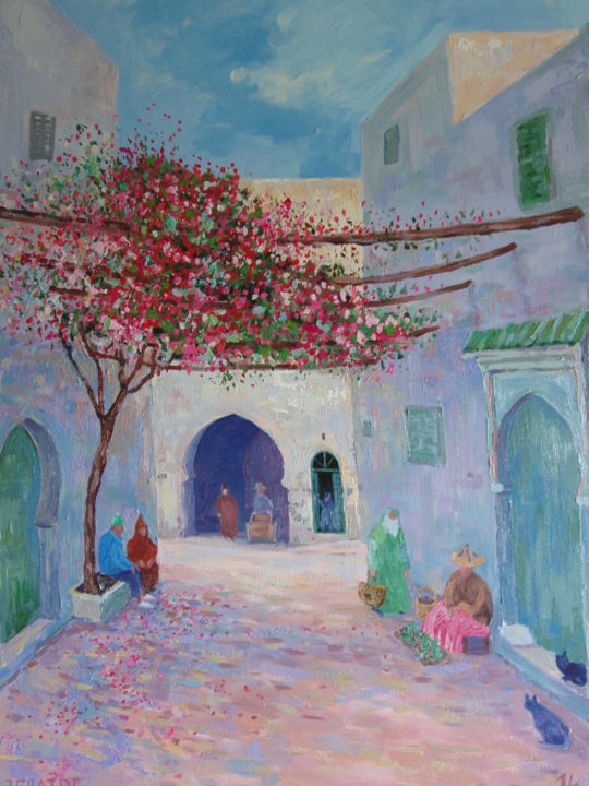 Painting titled "Ruelle à Tétouane (…" by Abdellatif Zeraidi Bd Lltyf Lzrydy, Original Artwork, Oil