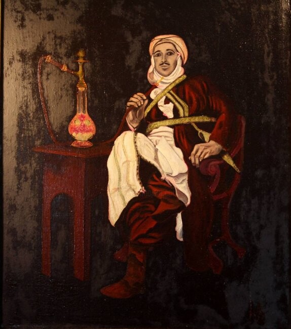 Malerei mit dem Titel "Le Narguilé" von Abdellouahab Selka, Original-Kunstwerk, Öl