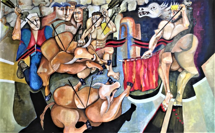 Malerei mit dem Titel "Bullfights" von Abdelrahman Shamieh, Original-Kunstwerk, Acryl