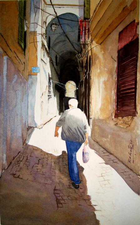 Pintura intitulada "Ruelle lumineux a l…" por Abdenasser Rebati, Obras de arte originais, Aquarela