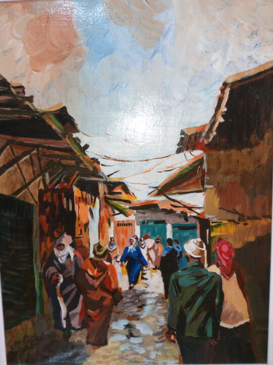 Painting titled "médina en action" by Abderrahim El Moujaouid, Original Artwork, Acrylic Mounted on Wood Stretcher frame