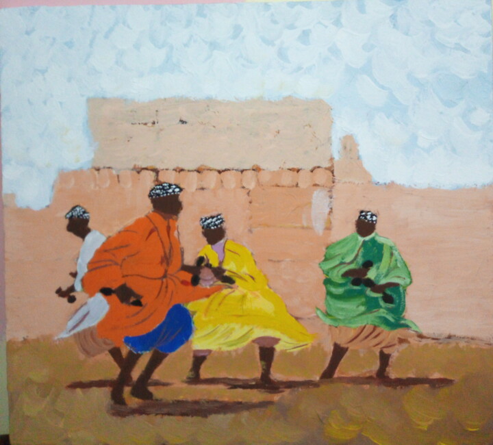 Painting titled "danse de gnawa" by Abderrahim El Moujaouid, Original Artwork, Acrylic Mounted on Wood Stretcher frame