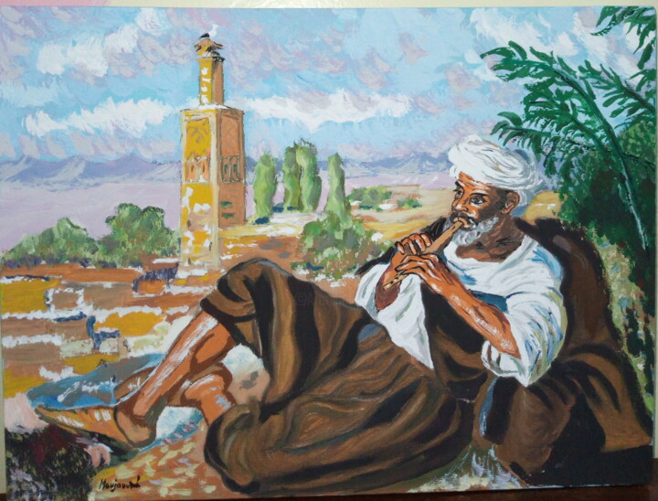 Pintura titulada "le joueur  de la fl…" por Abderrahim El Moujaouid, Obra de arte original, Acrílico Montado en Bastidor de…