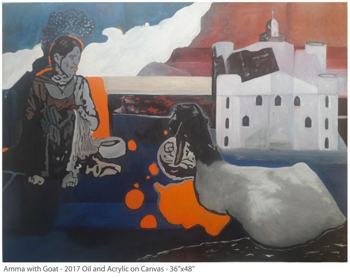 Malarstwo zatytułowany „Amma with Goat” autorstwa Abdul Ali Hyder, Oryginalna praca, Akryl