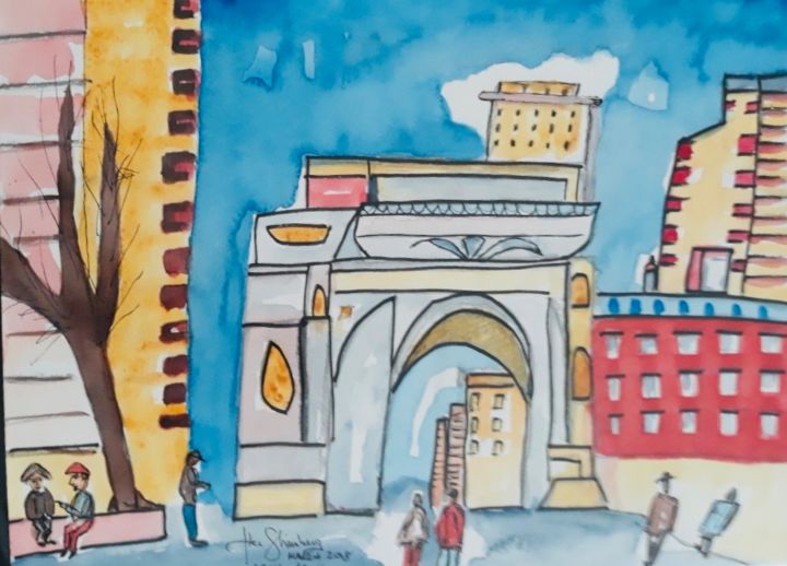 Schilderij getiteld "Washington Square P…" door Abe Shainberg, Origineel Kunstwerk, Aquarel