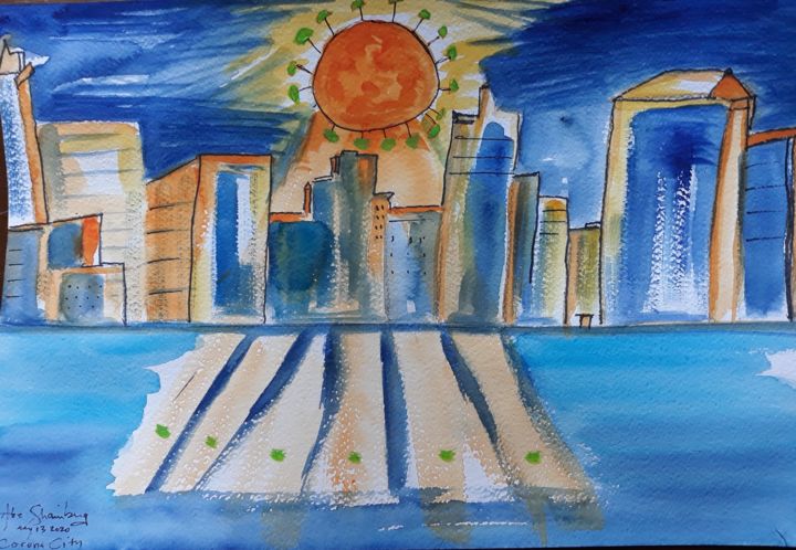 Painting titled "Corona City" by Abe Shainberg, Original Artwork, Watercolor