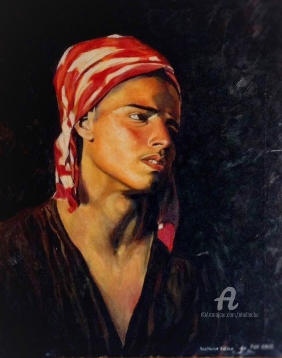 Painting titled "Le Berger" by Fatiha Abellache, Original Artwork, Oil Mounted on Wood Stretcher frame