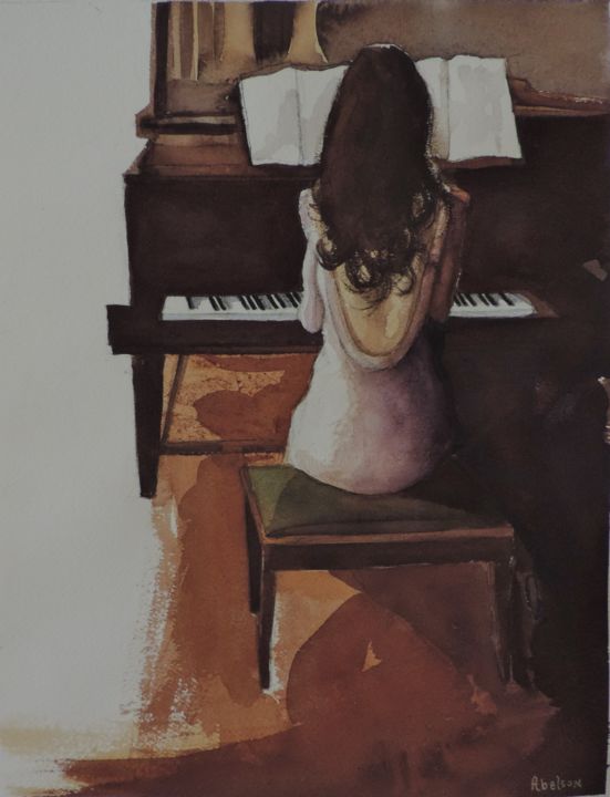 Painting titled "MAY PIANO" by David Abelson, Original Artwork, Watercolor