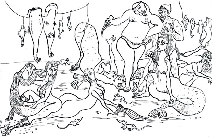 Dessin intitulée "cleaning mermaid" par Dmitriy Abelyashev, Œuvre d'art originale, Encre