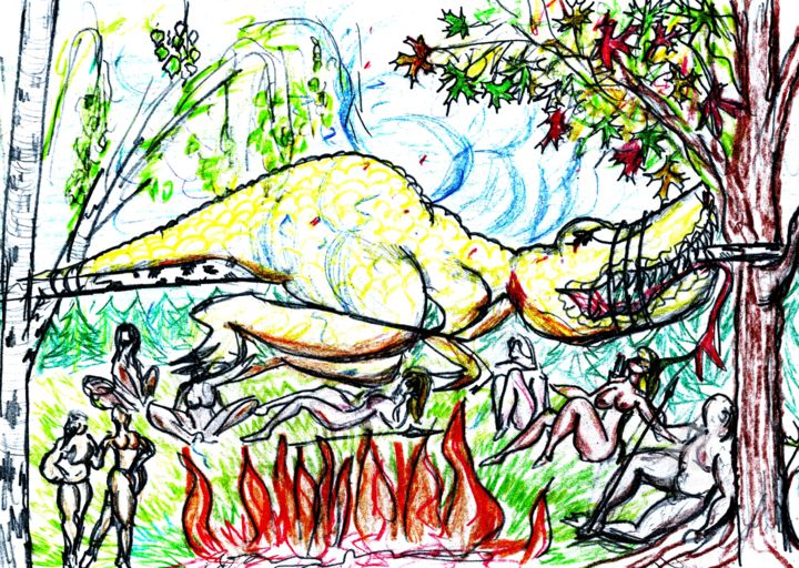 Zeichnungen mit dem Titel "Cooking Dinosaur" von Dmitriy Abelyashev, Original-Kunstwerk, Bleistift