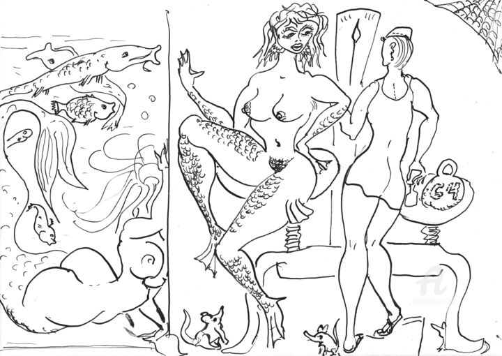 Рисунок под названием "Weighing Mermaid" - Dmitriy Abelyashev, Подлинное произведение искусства, Чернила
