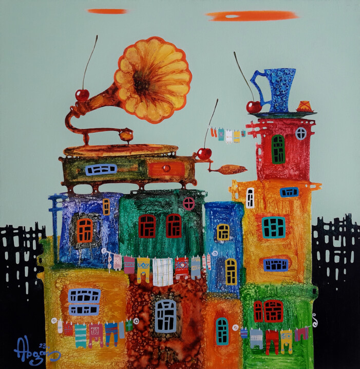 Painting titled "Childhood dreams-61" by Abgar Khachatryan, Original Artwork, Oil Mounted on Wood Stretcher frame