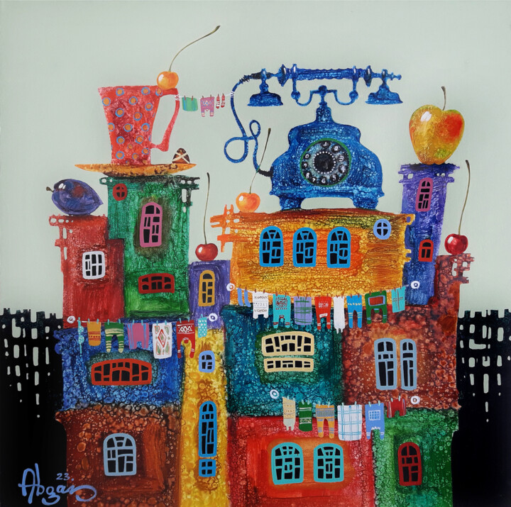 Painting titled "Childhood dreams-64" by Abgar Khachatryan, Original Artwork, Oil Mounted on Wood Stretcher frame