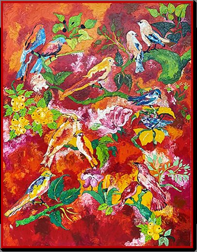 Painting titled "Conference of Birds" by Abha Rani Singh, Original Artwork, Oil