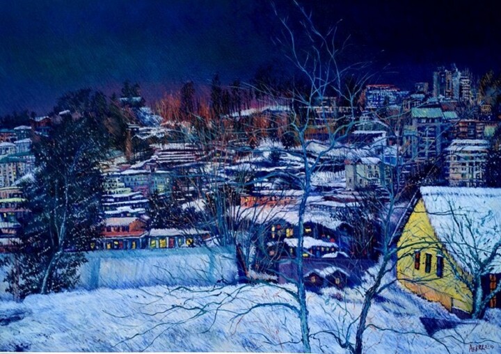 Painting titled "Night scene of Murr…" by Abid Khan, Original Artwork, Oil