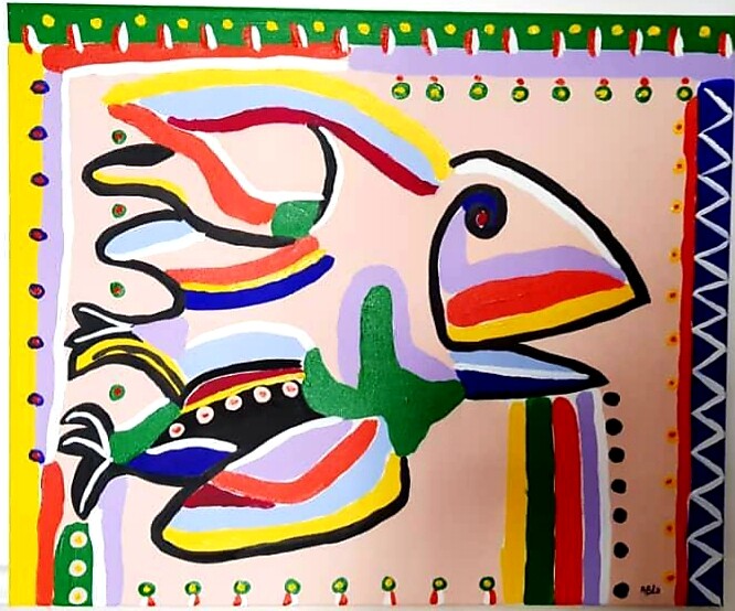 Painting titled "poisson , oiseau he…" by Ablaben Baibeche, Original Artwork, Acrylic