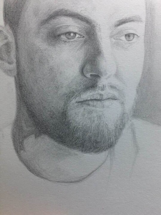 Drawing titled "Mac Miller Portrait" by Abraham Peñamante (Abe), Original Artwork, Pencil Mounted on Wood Stretcher frame