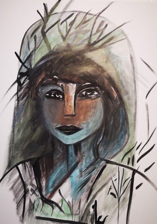 Drawing titled "La fille du cerf" by Abricodéal Îles, Original Artwork, Pigments