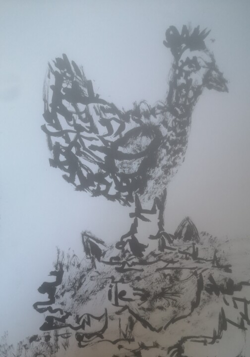 Disegno intitolato "La poulette et le c…" da Abricodéal Îles, Opera d'arte originale, Inchiostro
