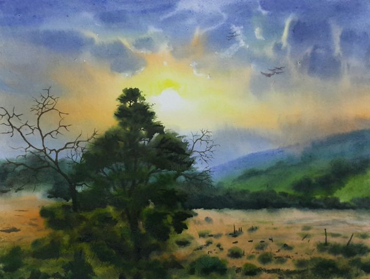 Painting titled "Sunshine in the Mou…" by Abu Naser Robii, Original Artwork, Watercolor
