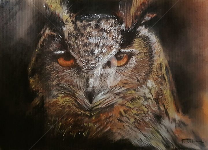 Dessin intitulée "Le Hibou bougon.jpg" par Abygala, Œuvre d'art originale, Pastel